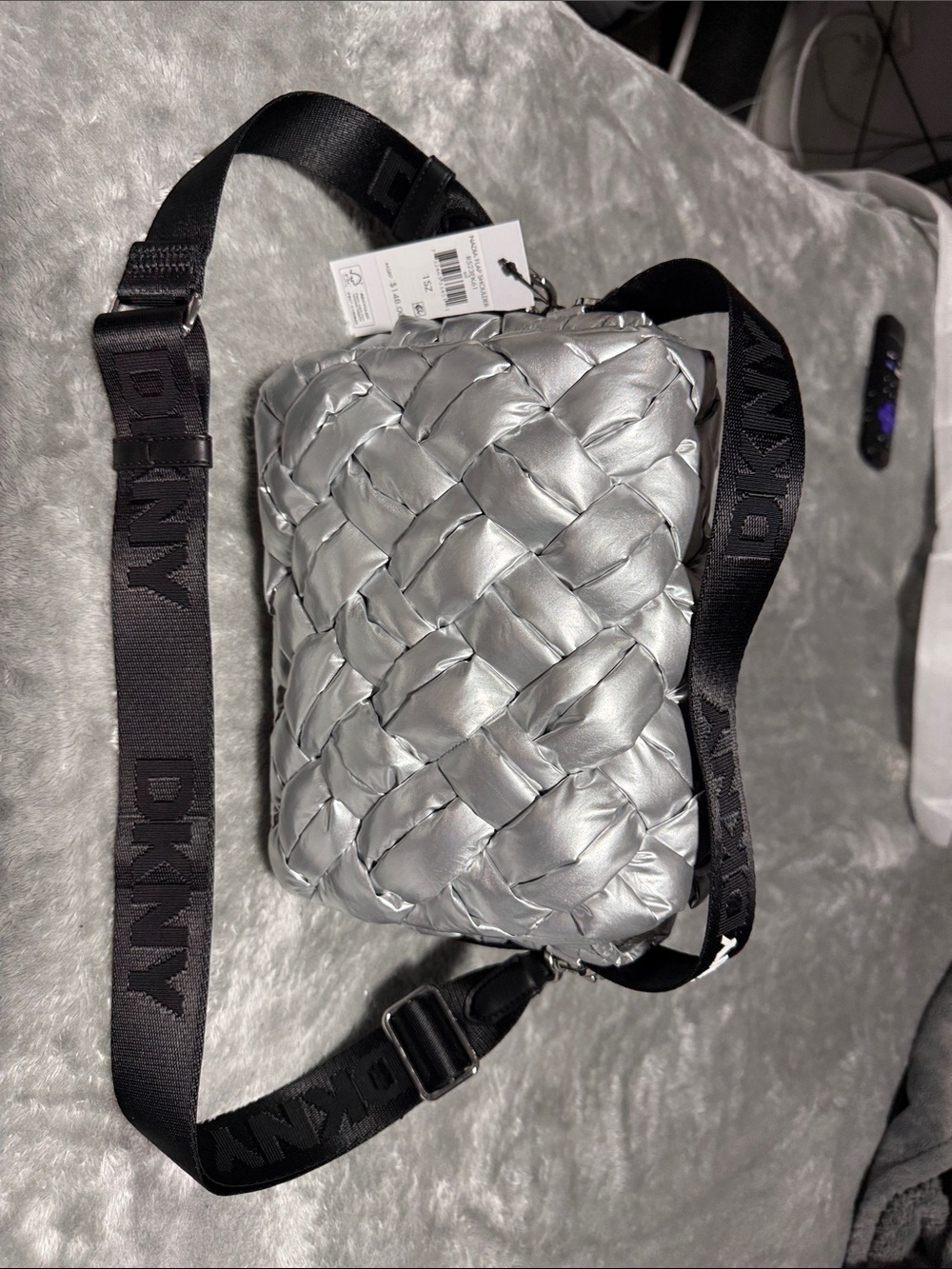 DKNY Silver Woven Belt Bag with Black Logo Strap